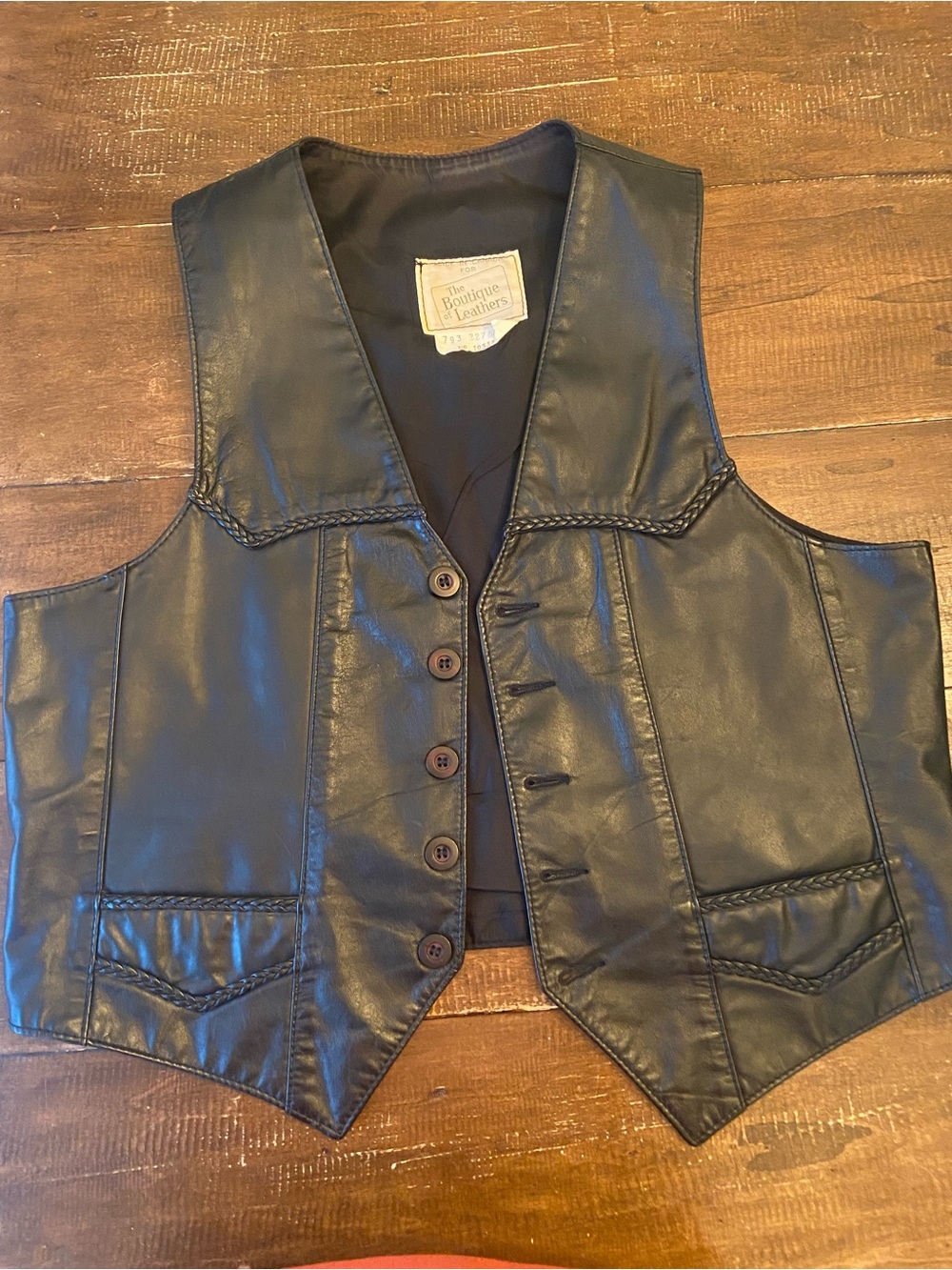 Vintage Black Leather Western Biker Vest Braided Trim
